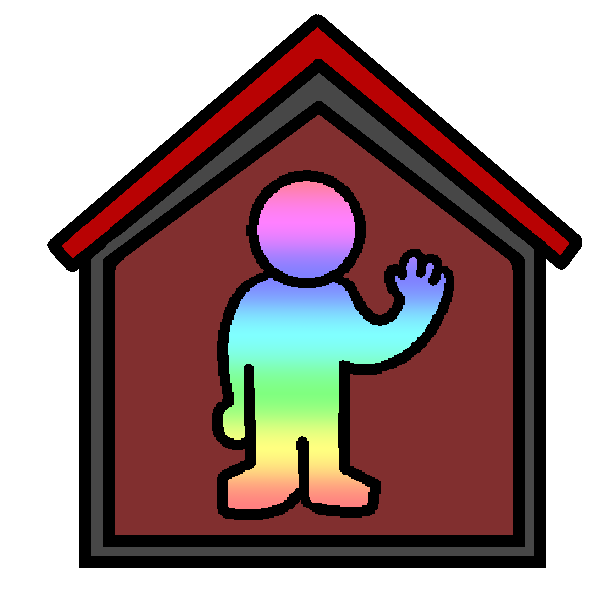 A blank white, featureless person inside the outline of a house.